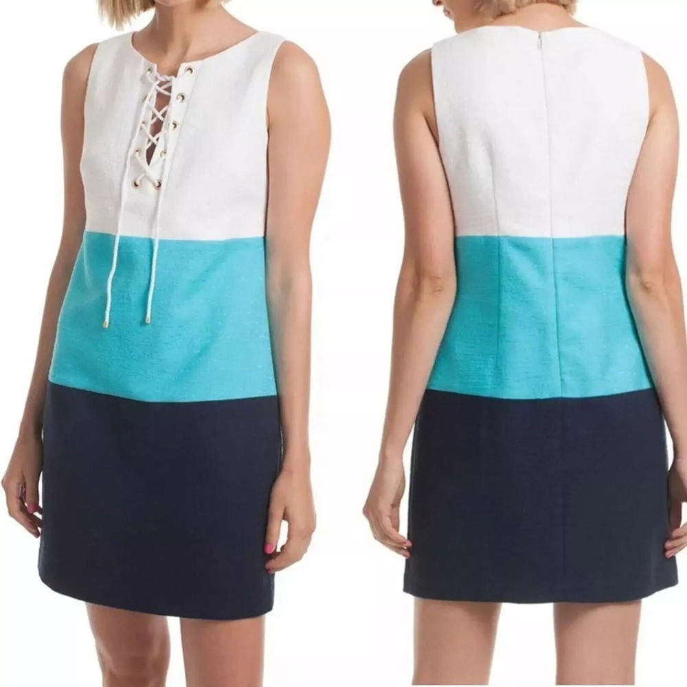 NWT‎ Trina Turk Miss Brady Lace-up Colorblock Textured Shift Dress sz 2 XS Navy